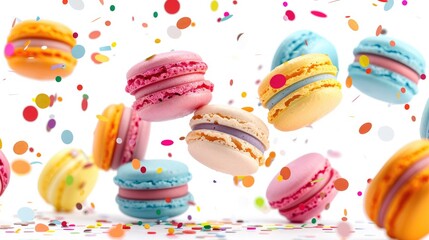 Colorful macarons flying through the air with confetti on a white background. High quality photo