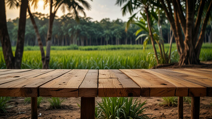 Rustic wooden table set on the sandy beach, with a backdrop of gentle waves and a clear sky.