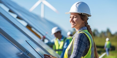Wall Mural - Renewable energy engineers focus on installing solar panels, promoting green technology, ensuring safety working with solar and wind technologies, and wearing protective gear when outdoors