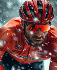 Wall Mural - A male cyclist in red sportswear, riding on the track at full speed against a white background. Generative AI.