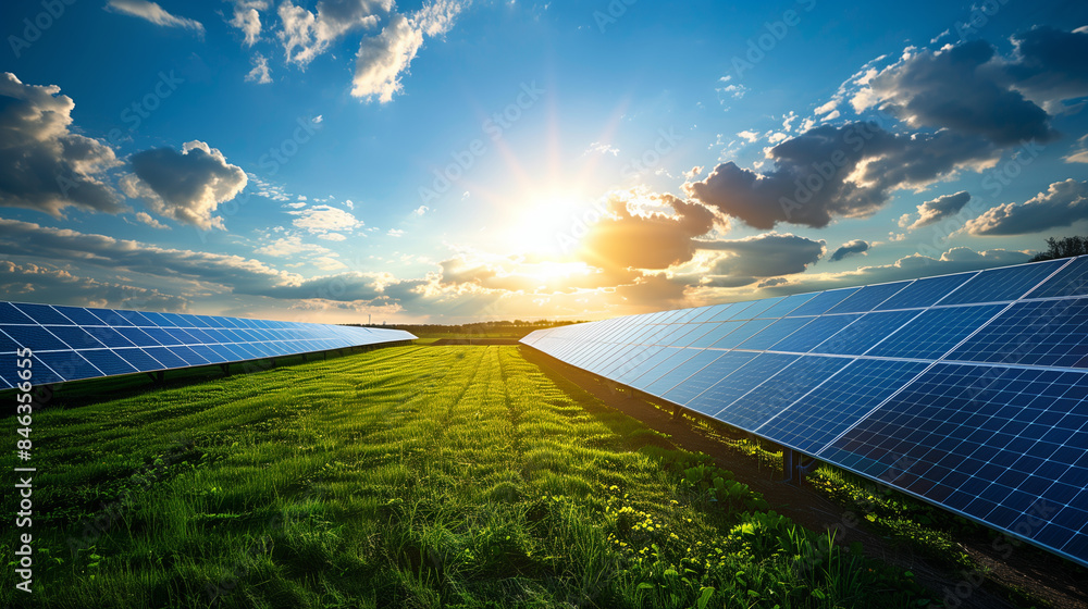 Vast solar farm with rows of solar panels gleaming under a bright sun ...