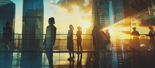 Corporate professionals collaborating in a modern office with cityscape background. Silhouettes of business people highlighted by soft daylight and long shadows, symbolizing teamwork and cooperation i