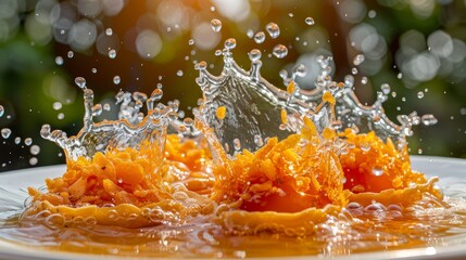 Wall Mural -  A tight shot of an orange-laden plate with water cascading from its edge
