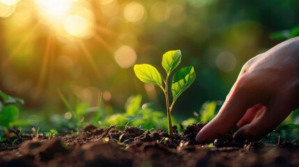 World soil day concept. Hand with green young plant growing in soil on nature background. planting trees back to the forest, Creating awareness for love wild, Wild plant concept.