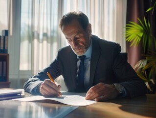 Wall Mural - A man in a suit is writing with a pencil on a piece of paper