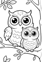 Owl family, two owls Kids coloring page book art, line art, black and white illustration