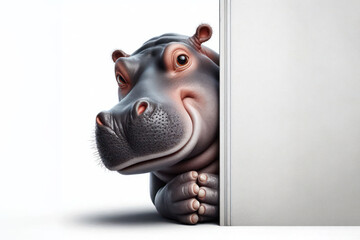 Wall Mural - Funny real hippopotamus peeks out from around the corner Isolated on white background