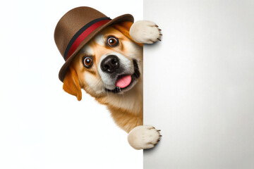 Wall Mural - Funny surprised dog peeks out from around the corner Isolated on white background