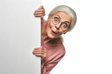 Wall Mural - Funny surprised senior person peeks out from around the corner Isolated on white background