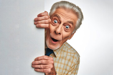 Wall Mural - Funny surprised senior person peeks out from around the corner Isolated on white background