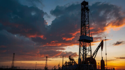 Wall Mural - Oil rigs at sunset with clouds background Oil field the oil workers oil refinery and industrial concept