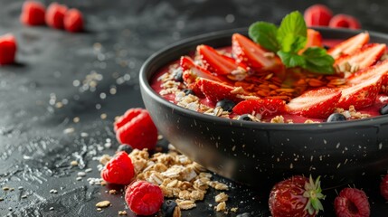 Wall Mural -  A bowl of oatmeal topped with red berries  against a black backdrop, with scattered seeds