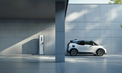 Wall Mural - A sleek, small silver electric car is being charged at a state-of-the-art charging station in a minimalist, concrete-walled environment, representing the future of clean, sustainable transportation.