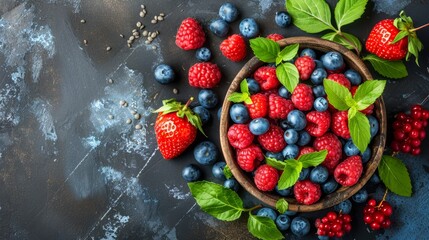 Wall Mural -  A bowl of raspberries, blueberries, and red raspberries on a slate tabletop, garnished with leaves