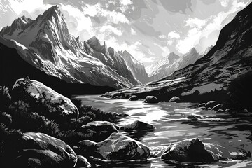 Sticker - A black and white photo of a mountain range with a river running through it