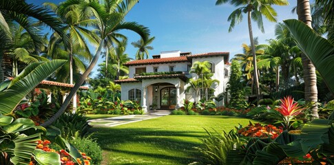 Wall Mural - A beautiful and luxury house with spacious front yard and garden in tropical palm trees showcasing modern architectural design, stone Path palm trees, blue sky and Nature.