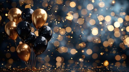 a bunch of black and gold balloons are floating in the air