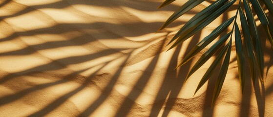 Wall Mural - Palm tree leaves and shadow close-up background on sandy beach