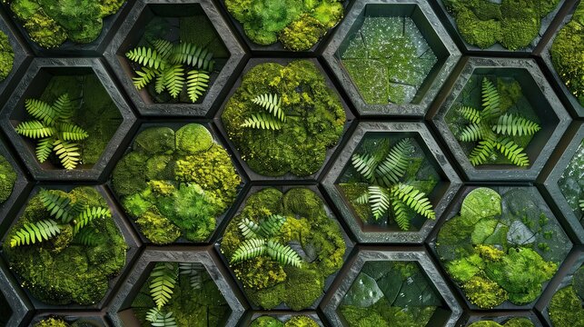 An aerial view of a geometric planting garden with a hexagonal pattern of moss and ferns, each segment highlighted by the shimmer of morning dew.