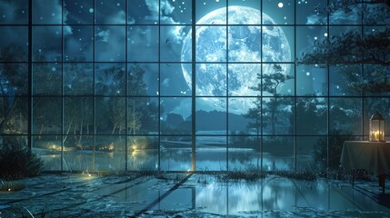 Wall Mural - An expansive glass window opening to a fairy tale night scene, with a luminous full moon hanging low, its light casting silvery reflections on a tranquil lake below.