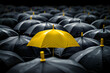 © Nim - Focus on a yellow umbrella alone among a crowd of black umbrellas on a rainy day, concept of identity and difference, of being unique among others.