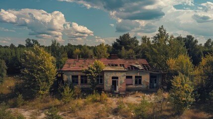 Wall Mural - A house with a red roof sits in a field