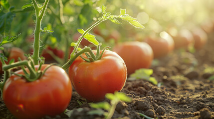 Wall Mural - Ripe tomatoes growing on the ground in the garden, blurred background, close up. Generative AI.