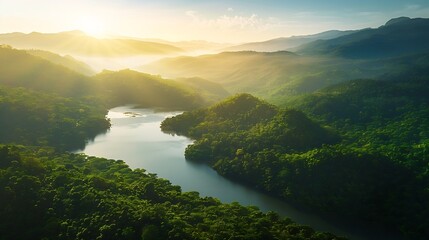 Wall Mural - Beautiful landscape of green mountains and lake in the morning with sunrise sky Nature landscape Watershed forest Water and forest sustainability concept Aerial view of mountain with g : Generative AI