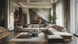© Sundas - Luxurious open-plan living room featuring a large sectional sofa, dark marble floors, and an elegant staircase provides an upscale marketing setting.
