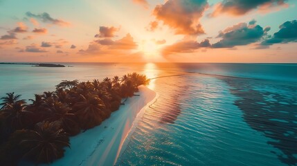 Wall Mural - Fantastic aerial sunset of beautiful Maldives paradise tropical beach Amazing colorful sea sky bay water palm trees sandy beach panorama Luxury travel vacation destination Best popular : Generative AI