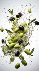 Wall Mural - olives flying on white background. levitation of olives in the air, frozen vertical frame.