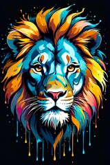 A portrait of lion face illustration with watercolor dripping effect on dark background