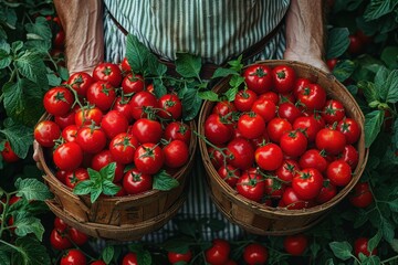 A farmer holding two baskets full of ripe, juicy red tomatoes, freshly picked from the garden, surrounded by lush green leaves.