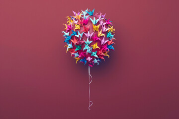 Wall Mural - A single balloon filled with tiny origami cranes, suspended against a deep maroon background, each crane delicately crafted from colorful paper.