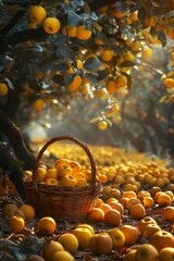 Wall Mural - orchard with yellow apples, a basket with large apples stands under a tree, sunlight passes through 