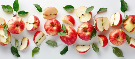 Wall Mural - Fresh whole and sliced apples on a white background from a top view.