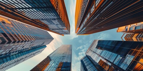 Poster - A city skyline with four tall buildings and a cloudy sky