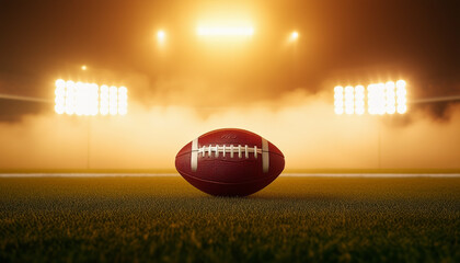 American football ball in front of warm-toned spotlights on the field and foggy background 
