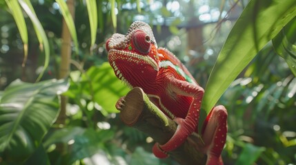 Wall Mural -  A red-green chameleon sits atop a tree branch against a backdrop of a lush, green forest teeming with numerous trees and foliage