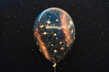 Wall Mural - A single, large balloon with a galaxy print, depicting stars and nebulae, floating against a solid black background.