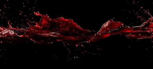 Red wine on a black background, abstract splashes. Macro photography. 