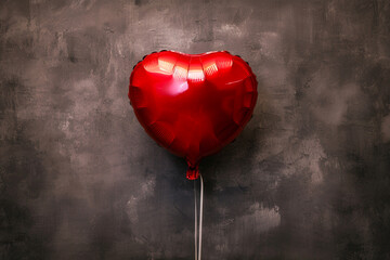 Wall Mural - A single red heart-shaped balloon, perfectly centered against a dark grey background, its glossy surface reflecting light.