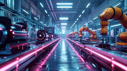 Poster - Smart factory with fully automated robot assembly, Cold light, Modern Future, High resolution, Neon light. Generative AI.