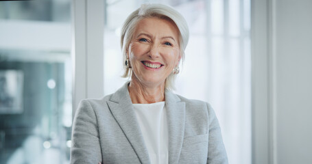 Poster - Smile, office and portrait of mature woman with positive attitude for leadership in legal career. Happy, confident and female attorney ceo from Canada with pride for corporate law in workplace.