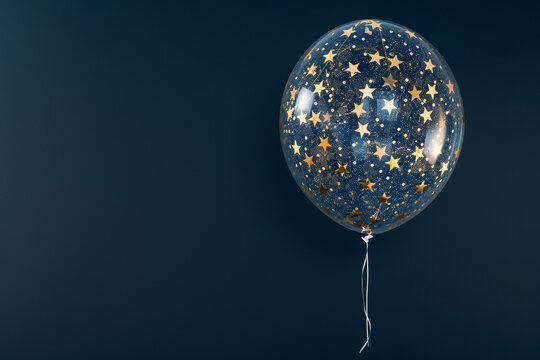 A transparent balloon filled with tiny, floating gold stars, suspended against a deep navy blue background.