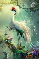 The majestic crane surrounded by lush greenery and blooming flowers, bright exotic birds in a fantasy style