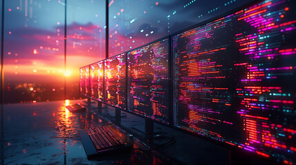 multiple screens displaying colorful code in a modern office during sunset. concept of coding, techn