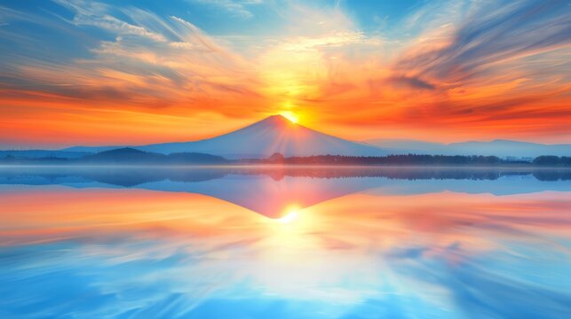  A sunset painting over a mountain with a foreground lake and a central reflection of the sun in the water