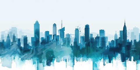 Poster - A city skyline is painted in blue with a white background