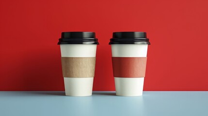 Two white paper coffee cups with brown and red sleeve on a blue table against a red background.